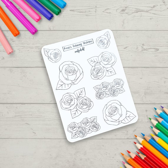 Coloring Stickers Rose Themed Custom Journal Sticker Sheet Adult Coloring Gift