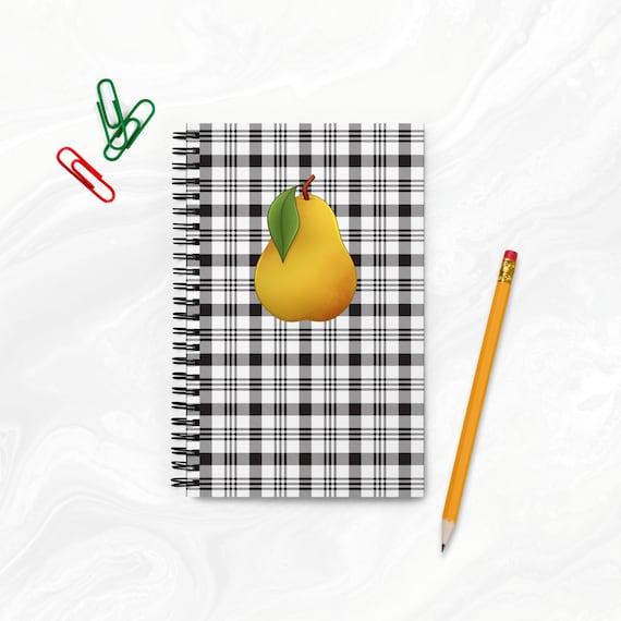 Fruit Spiral Notebook Pear on Plaid Dot Grid Study Journal