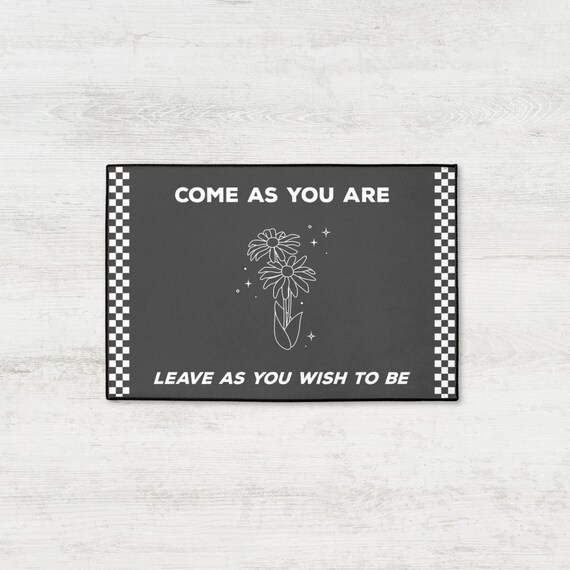 Come As You Are Welcome Mat Checkerboard Accent Rug for Indoor or Outdoor Use Black and White Floral Front Entry Rug