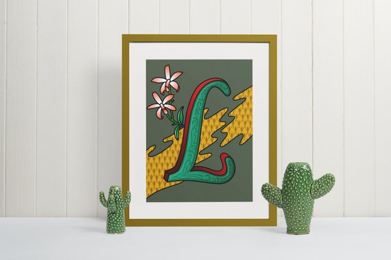 Letter L Wall Art Print Monogram Typography Poster Unique Floral Initial Gift for Nursery and Office Decor Art Nouveau Alphabet Sign
