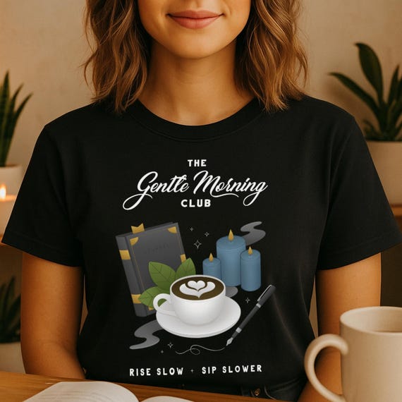 Gentle Morning Social Club T-Shirt Coffee and Journaling Shirt for Writers and Slow Mornings Cozy Mindful Morning Routine Graphic Tee Gift
