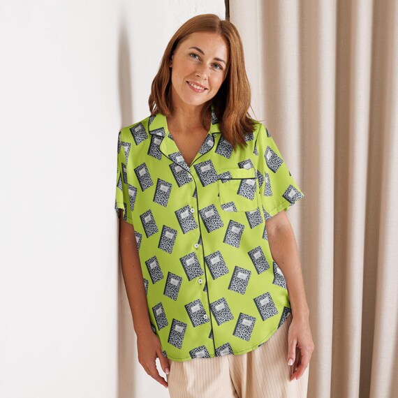Composition Notebook Pajama Top Women’s Short Sleeve Fun Pattern PJ Shirt 90s Inspired Fashion