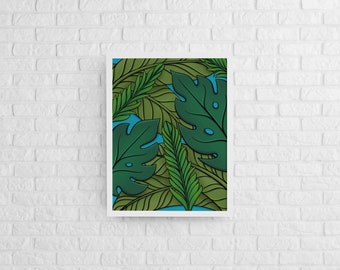 Lámina artística de hojas de monstera: Póster botánico con vegetación tropical
