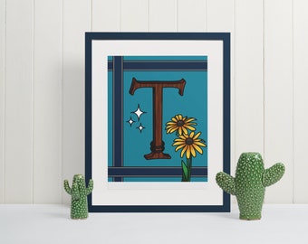 Letter T Wall Art Print, Monogram Typography Poster, Nursery Decor