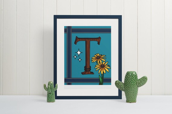 Letter T Wall Art Print Floral Monogram Typography Poster Unique Initial Gift for Nursery or Classroom Decor Artistic Alphabet Sign