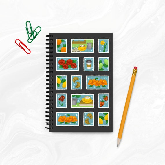Postage Stamps Dot Grid Spiral Notebook Fruit Flowers and Coffee Journal