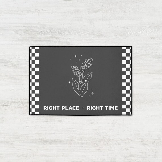 Floral Quote Welcome Mat Right Place Right Time in Grey Accent Rug Housewarming Gift