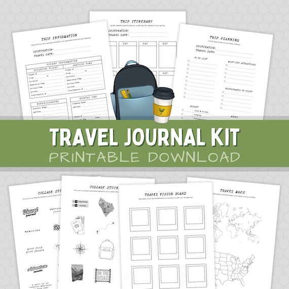 Printable Travel Journal Kit PDF Download Trip Planner Templates Vision Board Stickers and Maps for DIY Travel Scrapbook