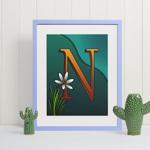 Impresión artística de pared con la letra N, monograma floral, tipografía, póster, regalo inicial único para la decoración de la guardería o la oficina, letrero artístico del alfabeto
