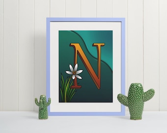 Letter N Wall Art Print, Monogram Typography Poster, Nursery Decor