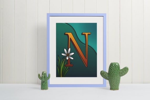 Letter N Wall Art Print, Monogram Typography Poster, Nursery Decor