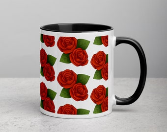 Red Rose Coffee Mug, Floral Pattern Ceramic Cup