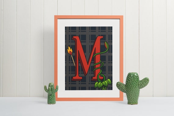 Letter M Wall Art Print Monogram Typography Poster Unique Initial Gift for Nursery or Office Decor Storybook Houseplant Alphabet Sign