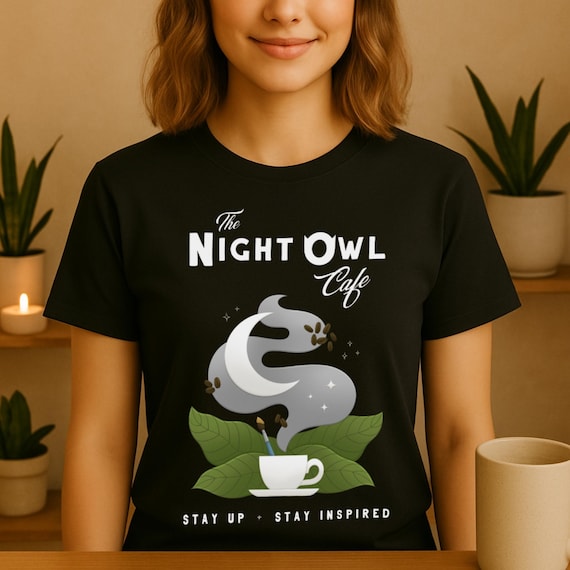 Night Owl Cafe T-Shirt Artistic Coffee Shirt for Creatives Celestial Moon and Stars Graphic Tee Inspirational Gift for Artists