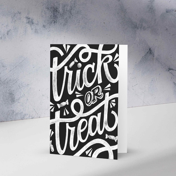 Trick or Treat Halloween Greeting Card Chalkboard Calligraphy Candy Design Farmhouse Fall Decor Blank Inside with Envelope Cozy October Mail