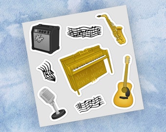 May include: A set of eight stickers featuring musical instruments, including a saxophone, a piano, a guitar, a microphone, and music notes. The stickers are printed on white paper and have a glossy finish. The text "Make Your Own Music" is printed on the piano sticker.