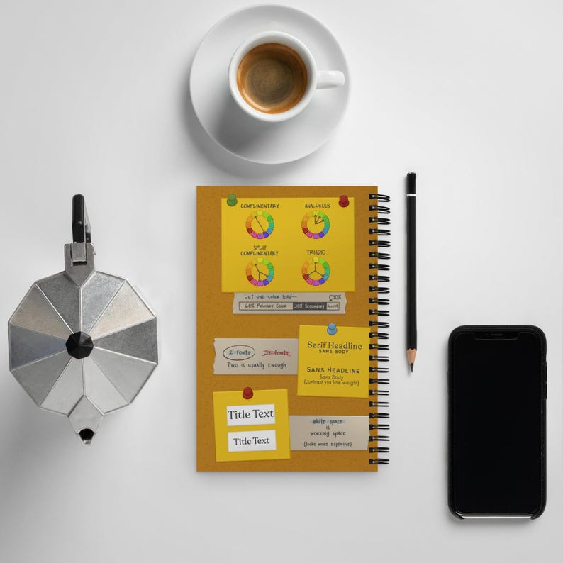 Back of the Graphic Design Reference Notebook features illustrated notes on color theory and typography on the back cover.