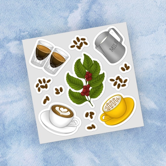 Coffee Sticker Sheet Espresso Themed Waterproof Decal Gift for Barista and Coffee Lovers Cafe Laptop Sticker Latte Art Journal Stickers