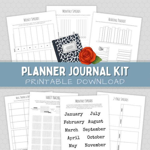 Printable Planner Journal Kit DIY Templates for Blank Notebooks Instant Download PDF Monthly Weekly Layouts Reading Goals and Habit Trackers