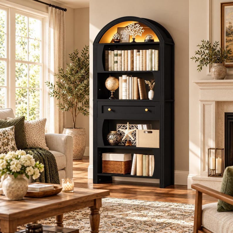 Living Room Bookcase, Tall Arched Bookshelf 6-tier With LED Lights and ...