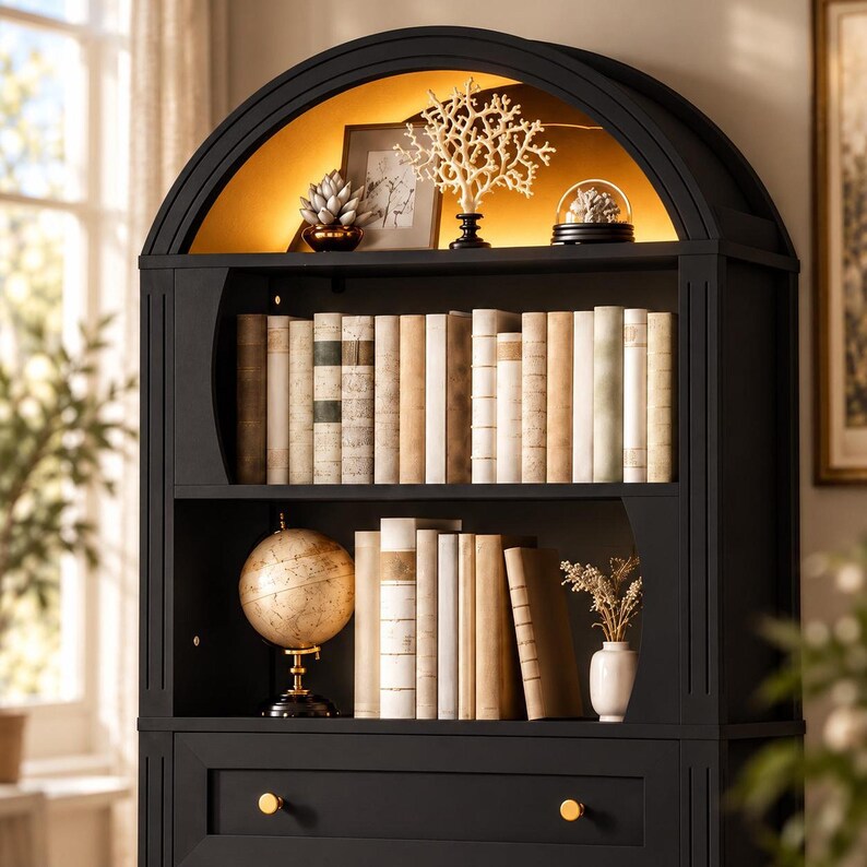 Living Room Bookcase, Tall Arched Bookshelf 6-tier With LED Lights and ...