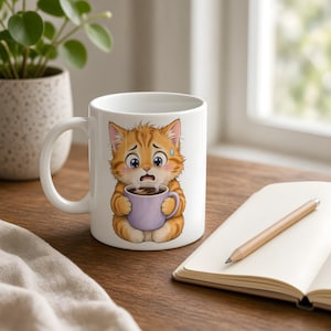 May include: A white ceramic mug featuring a cartoon illustration of an orange tabby kitten with wide, worried eyes, holding a small purple mug filled with a steaming hot beverage. The kitten has a single blue sweat drop on its forehead.