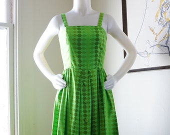 Vintage 1950s/1960s Sundress / GiGi Originals / Green Dress Ombre Dress Polka Dot Dress Geometric Print / Fit and Flare / 26 In Waist