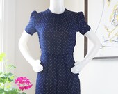 Vintage 1930s Dress and Jacket Set Fashion Originators Guild FOGA Dress Navy Blue Crepe Puff Sleeves Polka Dot Dress Shirred Dress XS