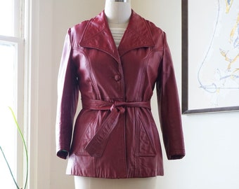 Vintage 1970s Leather Jacket / Red Leather Jacket Belted Jacket Shawl Collar Pintucks / Maroon Red, Maybe Oxblood / Glam Boho Rocker / S SM