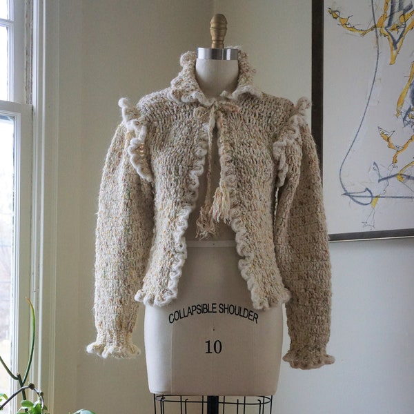 Vintage 1980s Gil Aimbez Sweater / Avant Garde Sweater Jacket Cardigan Sweater Coat / Hand Crocheted Ruffle Sweater Leg of Mutton Sleeves