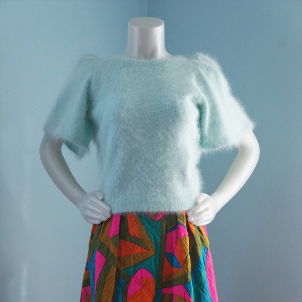 Vintage 1970s Mary Farrin Sweater / Mint Green Angora Sweater / Flutter Sleeves Puff Sleeves Scalloped Trim / Fluffy Fuzzy Light as Air