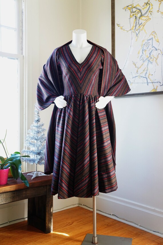 Vintage 1950s Dress + Shawl / 2 Piece Set Stripe D