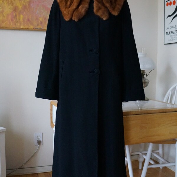 Vintage 1930s 1940s Simpson's Black Wool Coat / Fur Collar Mink Collar Big Cuffs Bell Sleeves Pockets / Art Deco Coat / L Xl