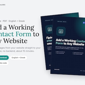 May include: A digital mini-guide PDF titled Add a Working Contact Form to Any Website by WebLaunchKit. The document features a dark blue gradient cover with white text, a contact form icon, and bullet points detailing features like no backend.