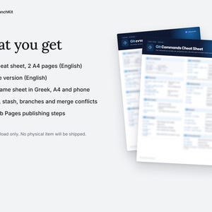 May include: A digital Git Commands Cheat Sheet document featuring a blue and white header with the text WebLaunchKit and Git Commands Cheat Sheet. The list includes English and Greek versions for A4 and phone formats with technical details.