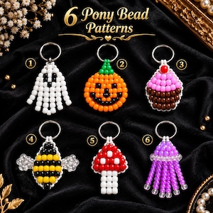 Paquete de patrones de cuentas Pony / Llavero de cuentas Pony de Halloween en PDF / Calabaza, fantasma, cupcake, abeja, champiñón, medusa / Manualidades con cuentas Kandi