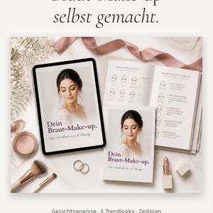 Könnte beinhalten: Ein digitales Tablet und ein gedrucktes Arbeitsbuch mit dem Titel Dein Braut-Make-up, das eine Frau in einem weißen Kleid zeigt. Das Set enthält Make-up-Pinsel, einen Puder, Lippenstift und zwei Ringe sowie Text zur Gesichtsanalyse.