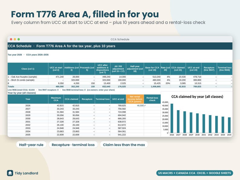 Rental Property Depreciation Schedule, MACRS & CCA Calculator, Landlord Tax Spreadsheet, Schedule E, T776, Excel Google Sheets image 6
