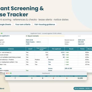 Spreadsheet voor het screenen van huurders, overzicht van huuraanvragen, overzicht van aflopende en verlengde huurcontracten, datum van kennisgeving huurverhoging, Excel Google Sheets afbeelding 1