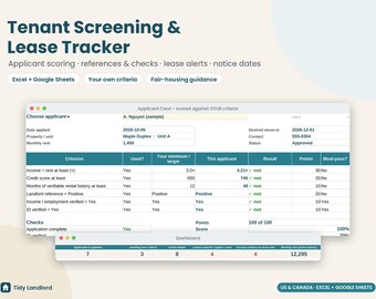 Tenant Screening Spreadsheet, Rental Application Tracker, Lease Expiration & Renewal Tracker, Rent Increase Notice Date, Excel Google Sheets
