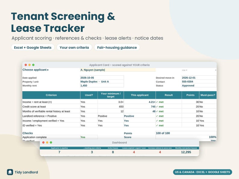 Spreadsheet voor het screenen van huurders, overzicht van huuraanvragen, overzicht van aflopende en verlengde huurcontracten, datum van kennisgeving huurverhoging, Excel Google Sheets afbeelding 1