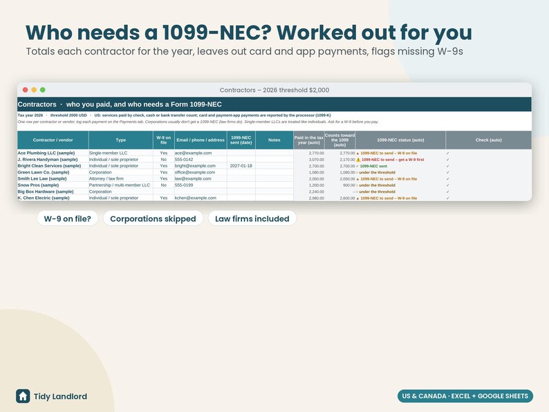 Landlord Tax Prep Organizer 2026: Rental Property Tax Checklist and 1099-NEC Tracker, Excel Google Sheets image 3
