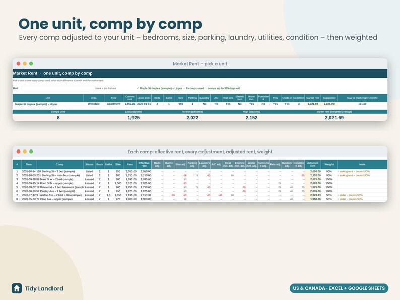 Rent Comps Spreadsheet, Market Rent Analysis for Landlords, Rent Increase Calculator, Rental Pricing Tool, Excel Google Sheets immagine 2