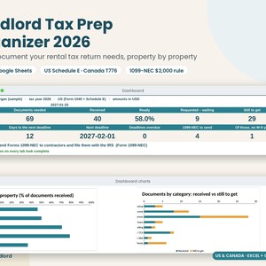 Landlord Tax Prep Organizer 2026, Rental Property Tax Checklist, 1099-NEC Contractor Tracker, Schedule E, T776, Excel Google Sheets