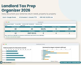 Landlord Tax Prep Organizer 2026, Rental Property Tax Checklist, 1099-NEC Contractor Tracker, Schedule E, T776, Excel Google Sheets