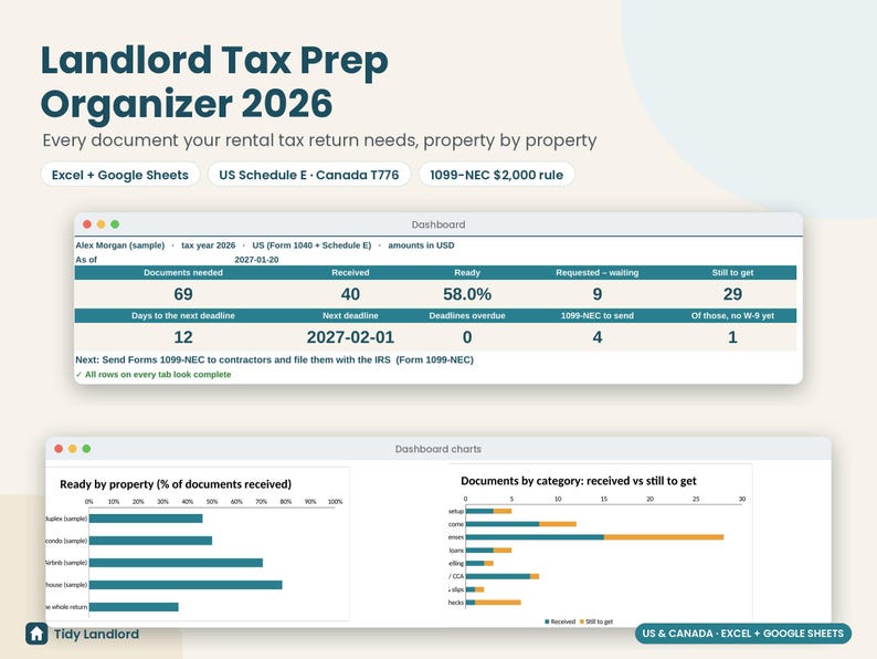 Landlord Tax Prep Organizer 2026: Rental Property Tax Checklist and 1099-NEC Tracker, Excel Google Sheets image 1