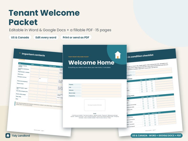 Tenant Welcome Packet Editable, Landlord Welcome Letter, Move In Checklist, Rental Welcome Book, Word Google Docs, Fillable PDF image 1