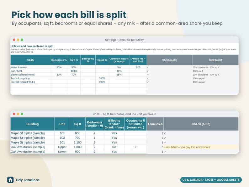 Utility Bill Split Calculator, RUBS Landlord Spreadsheet, Tenant Utility Billing, Shared Meter, Rental Property, Excel Google Sheets image 2