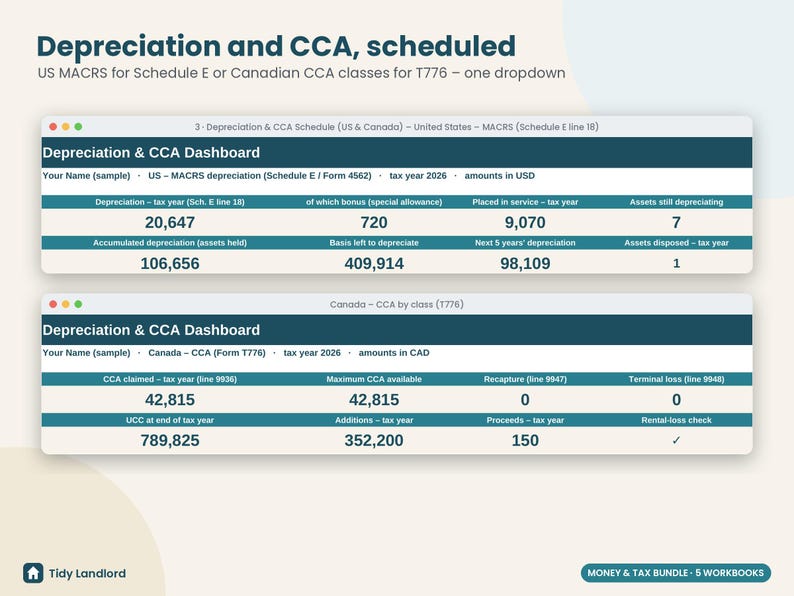 May include: A digital dashboard titled Depreciation and CCA, scheduled, displaying US MACRS and Canadian T776 tax data. The interface features two sections with tables showing financial figures for tax year 2026 in USD and CAD currencies.