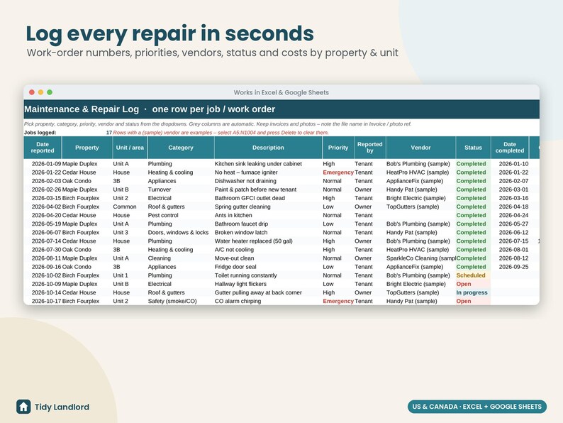 Landlord Maintenance Log & Security Deposit Tracker, Move In Move Out Inspection Checklist, Repair Log, Vendor List, Excel Google Sheets image 3